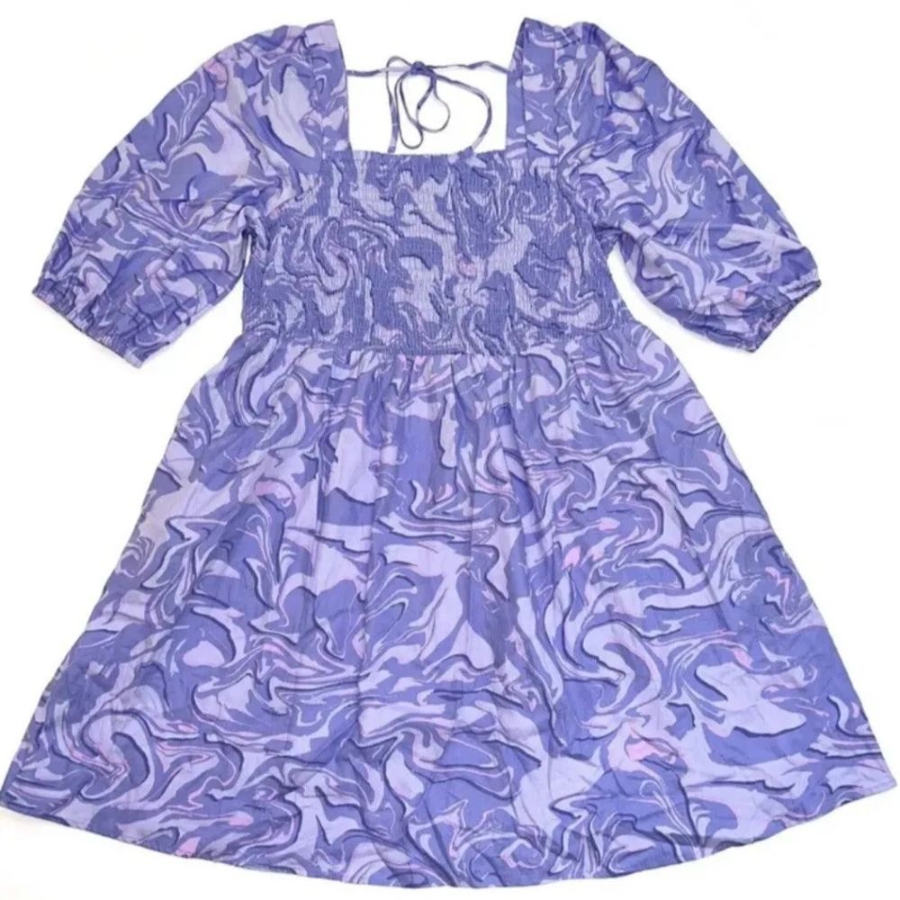 🆕🔥Ava & Viv Purple Swirl Puff Elbow Sleeve Smocked Mini Dress - Picture 5 of 5